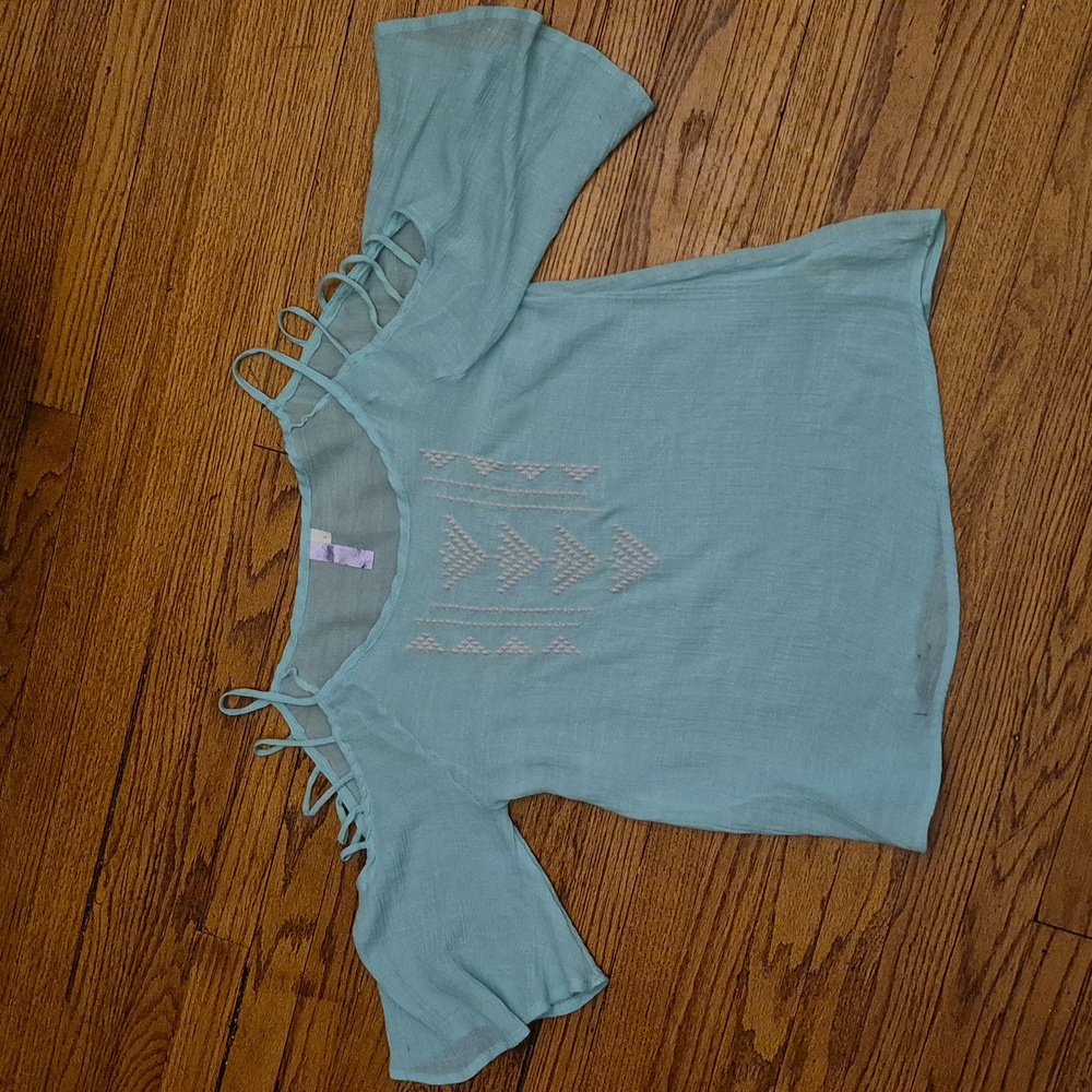 Alya Sea Green Cold Shoulder Multi Strap 3/4 Sleeve Top Size 1 Rayon Blend Sheer